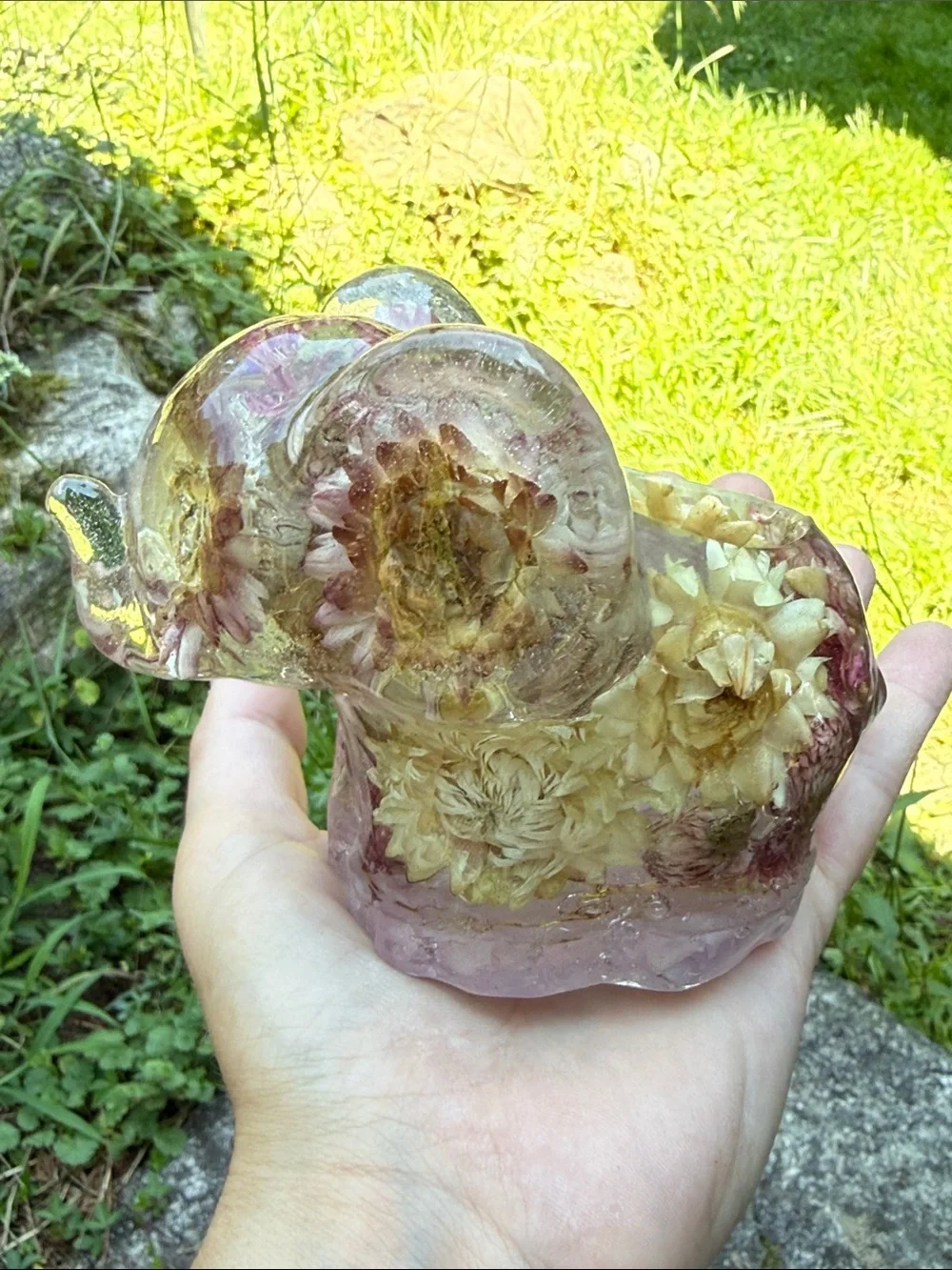 Handcrafted Pink and Cream Floral Elephant Resin candle holder